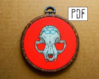 Peony Cat Skull Hand Embroidery Pattern (PDF modern embroidery pattern)