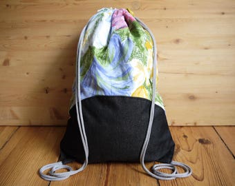 Floral & Denim Drawstring Bag Backpack