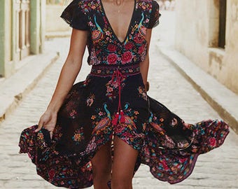 Dress GYPSY, maxi dress, skirt assymmetrical, printed flower black, red