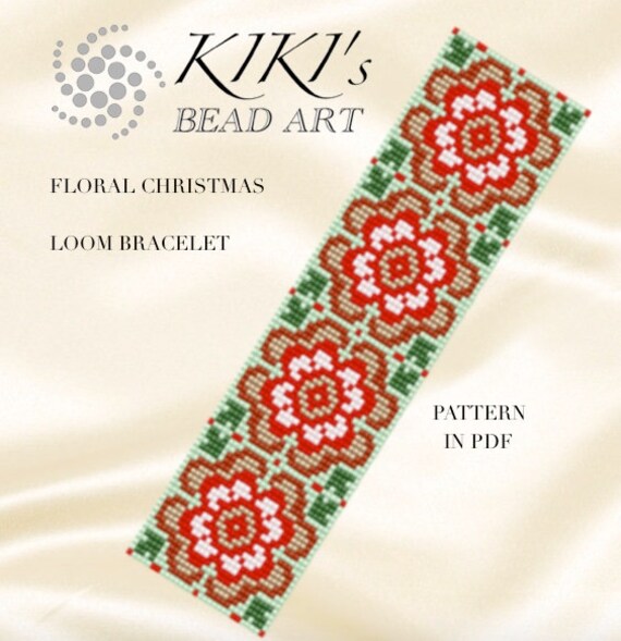 Bead loom pattern Floral Christmas red gold colored LOOM
