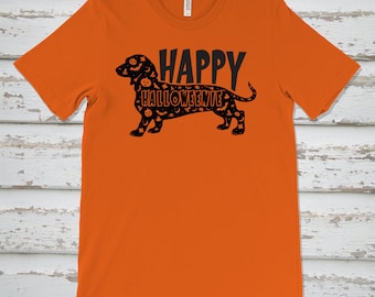Happy Halloweenie Dachshund Dog T Shirt, Bella Canvas Ringspun Cotton Shirt, Halloween T Shirt, Weenie Dog Shirt, Dachshund Puppy