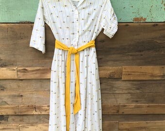 Gold and White Print 1940s Dress