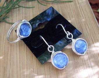 Ocean Blue Kyanite Matching Set, Your Ring Size Made-To-Order, Silver-filled Wire Wrapped Ring + Dangle Earrings, Kyanite Gemstones