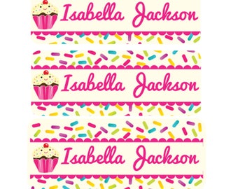Waterproof Girls Name Labels. Cupcake Name Stickers, Personalized Daycare Labels, Custom Baby Bottle Labels, Girls School Stickers