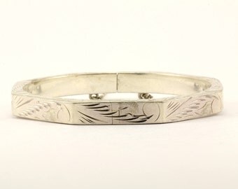 Vintage Floral Etching Bangle Bracelet 925 Sterling Silver BR 2180