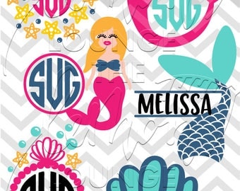 Mermaid Monogram svg, 6 mermaid monogram svg, bubble svg, mermaid tale monogram svg, monogram cut file, starfish svg, commercial use OK,