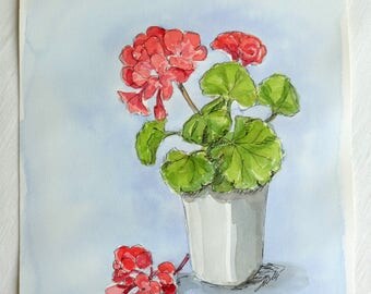 Geranium Original Watercolour/Geranium Art/Geranium Watercolour Painting - Gift, Birthday Gift