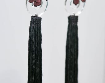 Lasercut Plexiglass earring with metallic pink leather and long tassels