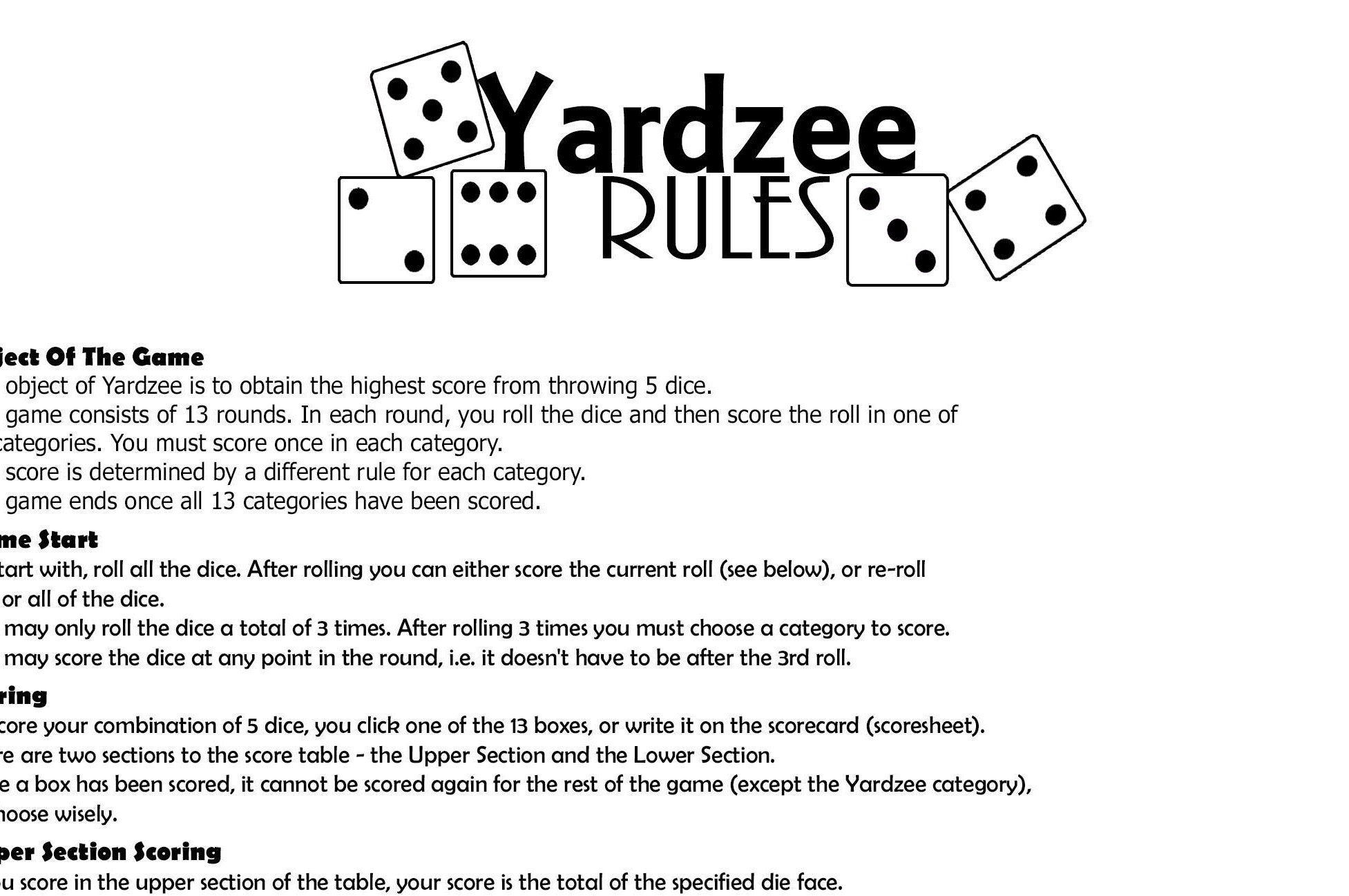 free printable yard yahtzee rules printable templates