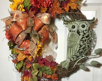 owl wreath, fall decor, autumn wreath, fall wreath, fall outdoor wreath, fall decor, orange wreath, gourd wreath, sunflower wreath