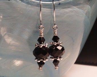 Black Glass Crystal Bead Drop Silver Wire Handmade Dangle Earrings