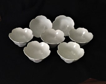 Set of Seven Vintage White Porcelain Lotus Petal Shaped Nesting Rice Bowls