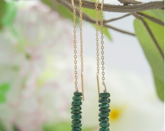 Emerald Earrings Tiny Earrings Delicate Earrings Delicate Green Earrings Emerald Tiny Earrings Gold Chain Earrings Emerald Jewelry Tiny Bar