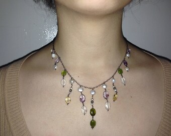 Multi color swarovski crystals and freshwater pearls antique silver necklace.