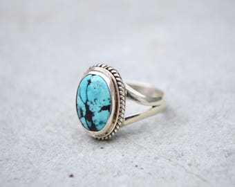 Sterling Silver Marbled Oval Tibetan Turquoise Ring - 925 - Natural Stone