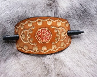 Designer hair clip in cognac brown leather, flower, medium to large
