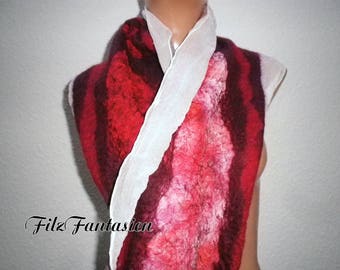 Nuno felted scarf with a felted silk, scarf, silk scarf, scarf in shades of Red