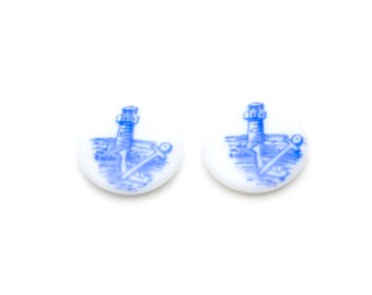 Delft Style Nautical Lighthouse and Anchor Vintage Glass Cabochons (set of 6)
