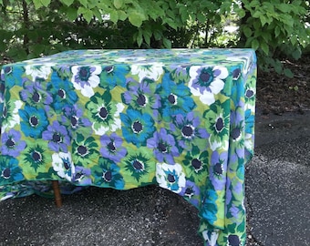 Vintage Linen Tablecloth 72x100 Floral Table Cloth Mid Century TableclothPop of Color French Country Cottage Style Table Linens