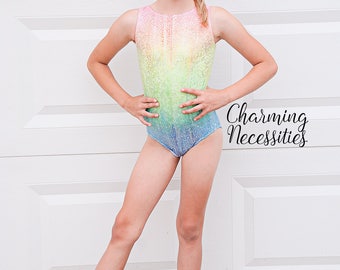 NEW Girls Leotard, Gymnastics Leotard, Tumbling Dance Cheer, Sparkly Pastel Rainbow Holographic Unicorn Tank by Charming Necessities