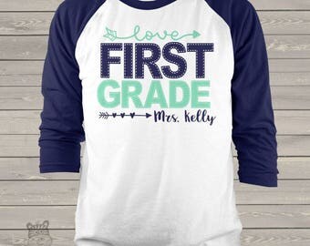 Teacher shirt - faux stitch any grade personalized adult raglan shirt for teachers MSCL-040-R