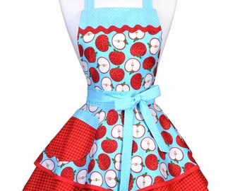 Womens Ruffled Retro Apron - Red and Aqua Farmers Market Apples Womans Cute Flirty Vintage Pinup Apron to Personalize or Monogram (DP)