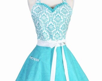 Sweetheart Pinup Apron - Womens 50s Style Flirty Aqua and White Damask and Swirls Retro Vintage Inspired Kitchen Apron with Pocket (DP)