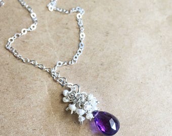 February Birthstone Amethyst Pearl Necklace, Amethyst Gemstone Pearl Cluster Pendant Necklace in Sterling Silver