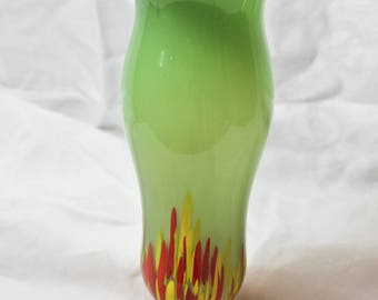 Kralik Art Deco Era Green, Orange, and Yellow Spatter Glass Vase Circa 1920s - 1930s