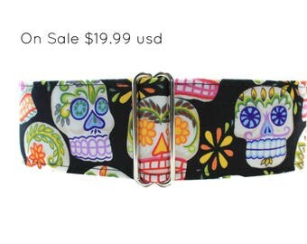 Day of the Dead Dog Collar, Sugar Skulls Martingale Collar, 2 Inch Martingale Collar, Calaveras, Greyhound Collar, Ships to Australia