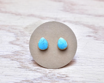 Gold Teardrop Turquoise Stud Earrings/ Gold Stud Post Earrings Natural Bright Blue Turquoise/ Natural Turquoise Blue Gold (GSS15)