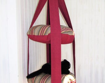 Outdoor Cat Tree, Burgundy & Green Stripe, 2 Level Kitty Cloud Cat Bed, Hanging Cat Bed, Pet Furniture, Cat Tree, Catio Furniture