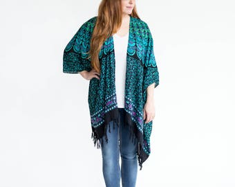 Dreamland Mandala Kimono <Teal Turquoise, Black, Pink Beach Boho Design> Gypsy Fashion, Bohemian Swag, Jacket Poncho