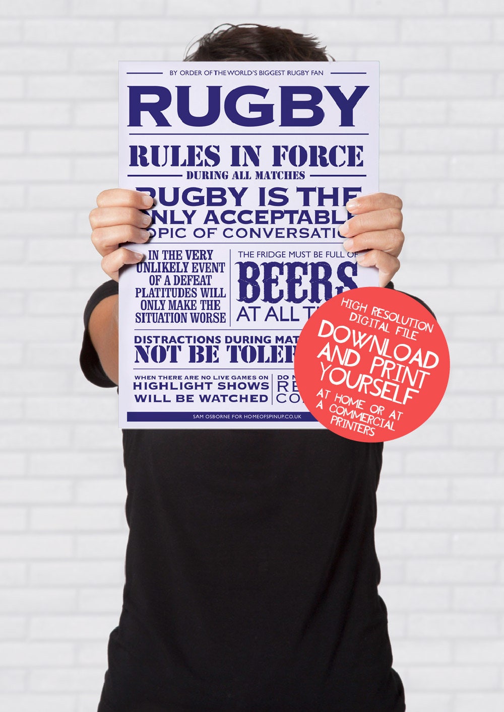 Rugby Poster House Rules Typography Printable Sports Art Gift