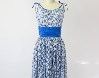 1950s Blue and White Eyelet Cotton Sun Dress