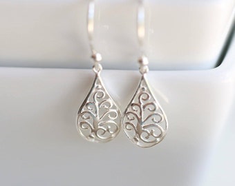 Sterling Silver Teardrop Earrings, Drop Filigree Earrings, Silver Earrings, Bridesmaid Earrings, Bridesmaid Gift, Gift for Her