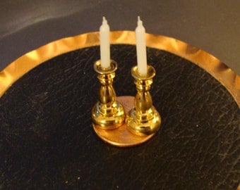 Pair, Brass Candlesticks, a Pair of Gold Plated Brass for Dollhouse or Miniatures Collection