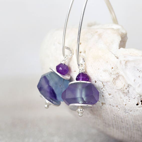 Fluorite Earrings - Raw Stone Earrings