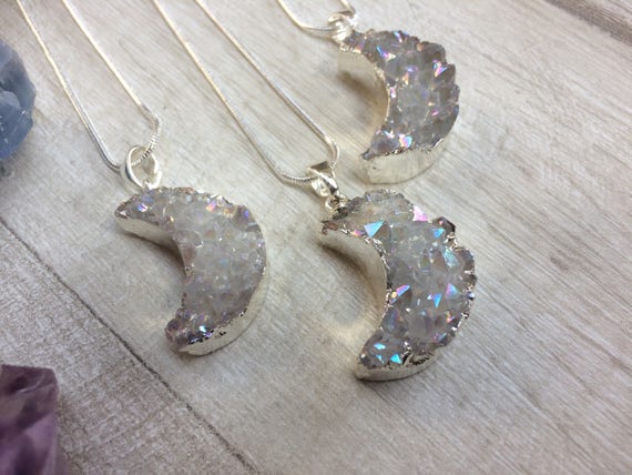 MOON DRUZY NECKLACE- Moon Jewellery- Star sign- Astrology- Horoscope- Crescent Moon - Raw crystal Necklace- Druze- Crystal Shop- Gift- Sale