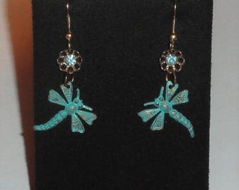 Dangle Figural Distressed Patina DRAGONFLY Rhinestone FLOWER Pierced Drop Hook Earrings