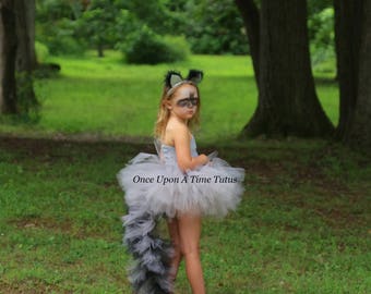 Raccoon Tutu Dress - Girls Size 12 18 Months 2T 3T 4T 5 6 7 8 9 10 12 ... Birthday, Photo Prop, Dress Up, Costume - Gray Black Bushy Tail