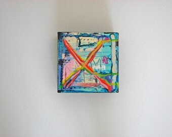 6 x 6 small abstract painting deep profile canvas blue orange yellow purple acrylic heavy texture impasto boho abstract #3 raw art rustic