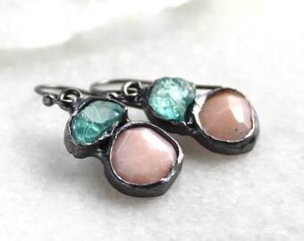 apatite earrings, peruvian opal earrings, recycled silver, dangle earrings, oxidized earrings, pink opal earrings, rose cut