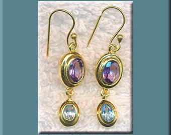 Amethyst and Blue Topaz Earrings, Gold Vermeil Blue Topaz and Amethyst Earrings, Gemstone Jewelry, SE-GSP102