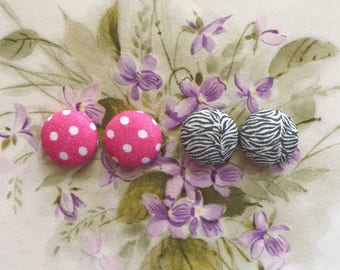 Button Earrings / Set of 2 / Wholesale Jewelry / Handmade Accessories / Pink and Black / Hypoallergenic Studs / Birthday Present