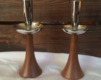 Mid Century Modern Danish Design Teak and Chrome Candlesticks