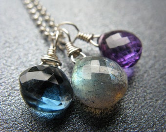 Amethyst Necklace, Labradorite Necklace, London Blue Topaz Necklace, Sterling Silver, Gemstone Trio Necklace, Blue, Purple - Shadow Garden