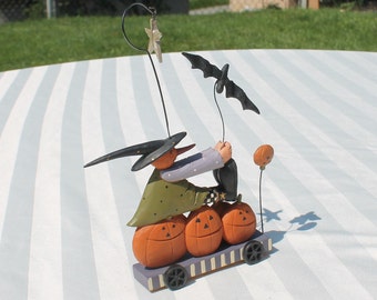 Witch Riding the Pumpkin Cart with her Bat - Halloween Decor - Figurine - Shelf Sitter