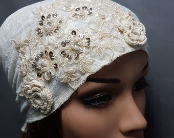 White Lace Tichel , Head Scarf , Chemo Headwear , Headscarves , White Head Wrap , Snood , Jewish Head Coverings , Women Hats