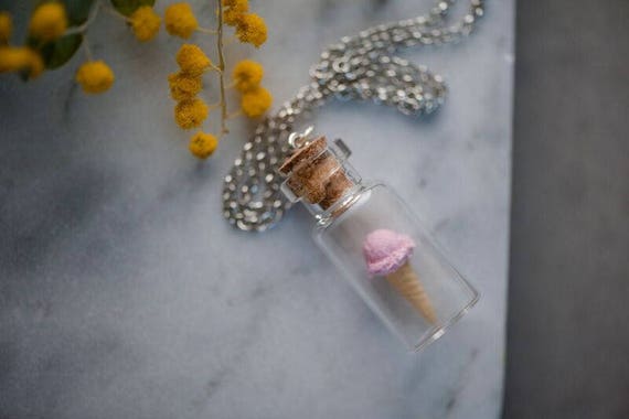FREE SHIPPING - Pink Strawberry Ice Cream Necklace - Miniature Food Jewellery - Miniature Dessert - Ice-cream - Jewelry